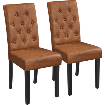 Button Tufted Padded Faux Leather Dining Chair with Solid Wood Legs