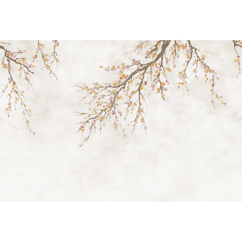 Élégante murale de papier peint branche de cerisier en fleurs - motif floral minimaliste pour des intérieurs sereins, Jaune