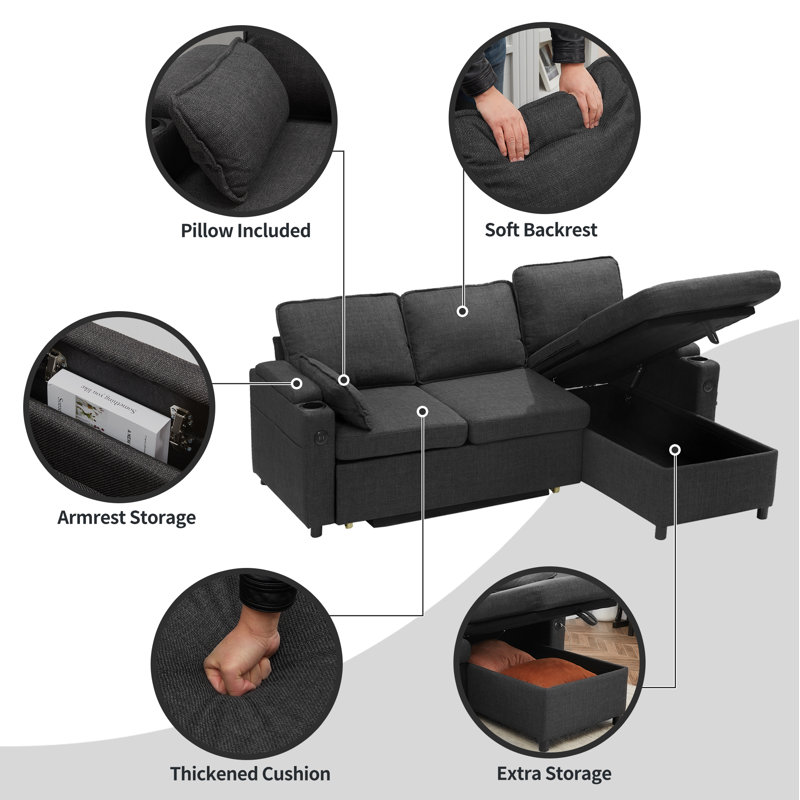 Vesna L-shape 81" Wide Space-Saving Sleeper Sofa Upholstered Pull-out Sofa Bed
