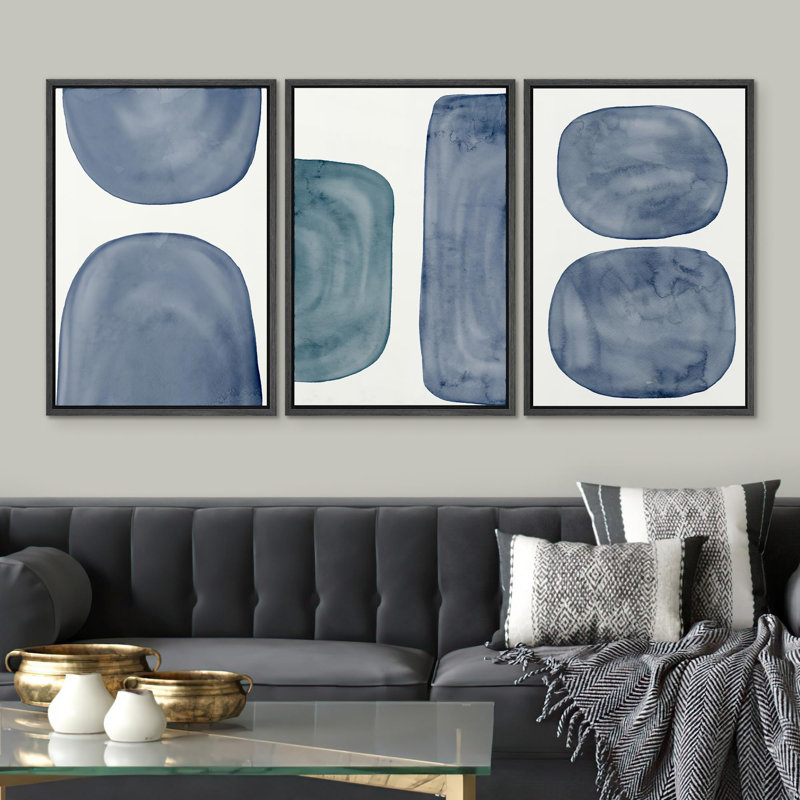 Abstract Geometry " Blue Pastel Polygon And Circle Collages Illustration Modern Bohemian Scenic Ultra " 3 - Pieces, Noir