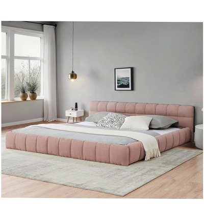 Structure de lit tapissier très grand californien avec tissu épais, lit plateforme grand format en chenille avec tête de lit et structure solide. Aucun sommier tapissier requis - rose (90,5 po x 80,5 po x 31 po)