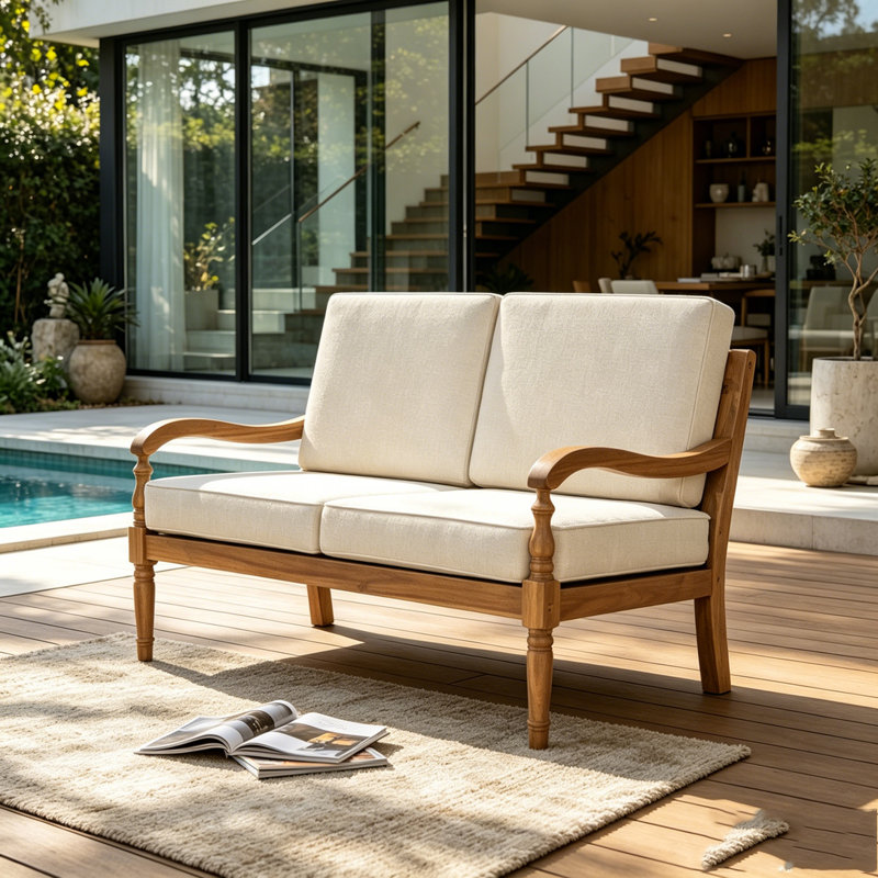 Outdoor Acacia Wood Loveseat with Cushions