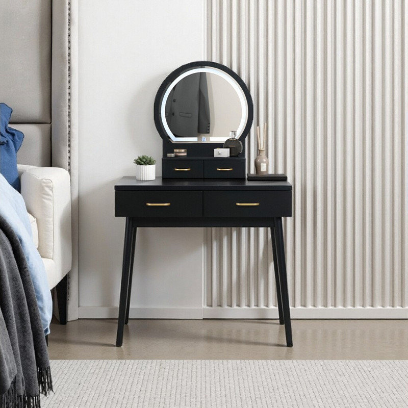 54 Inch Vanity Dresser with LED Mirror, 4 Drawer Dressing Table Set with Stool, Black