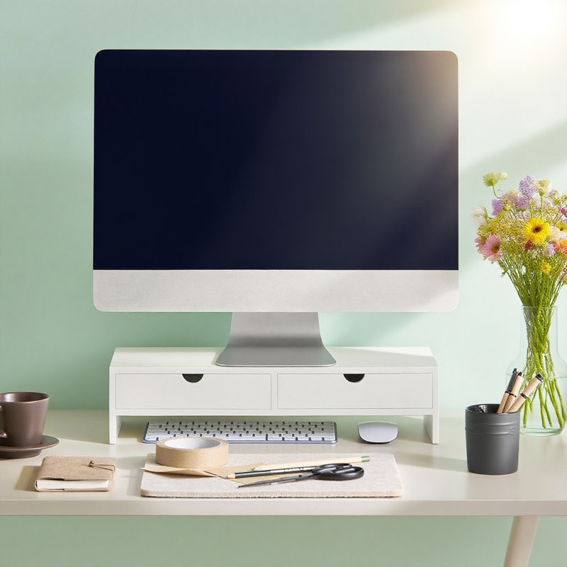 Support pour écran d'ordinateur blanc pour bureau avec 2 tiroirs, support pour écran d'ordinateur, Blanc