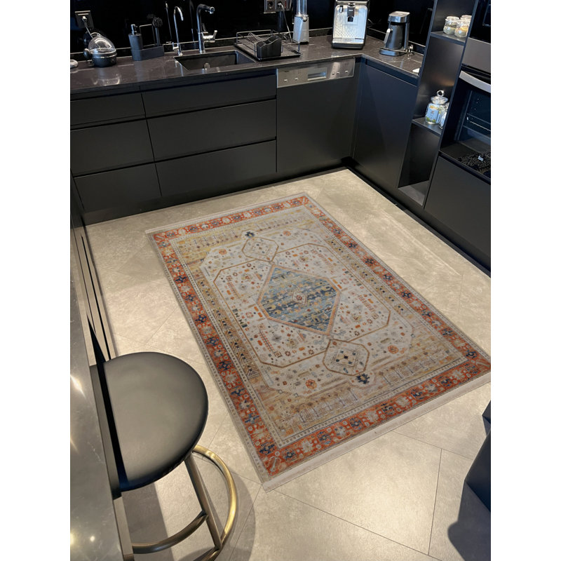 Tapis orange en polypropylène à imprimé numérique marocain Vontae, Rectangle 2 pi 8 po x 5 pi