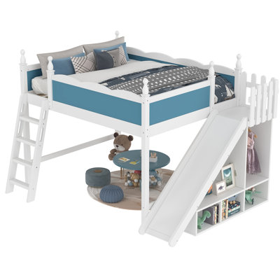 Queen Loft Bed With Blue And White Color, Storage Shelves, Removable Slide, Pine Wood, No Spring Box, Space - Saving And Safe