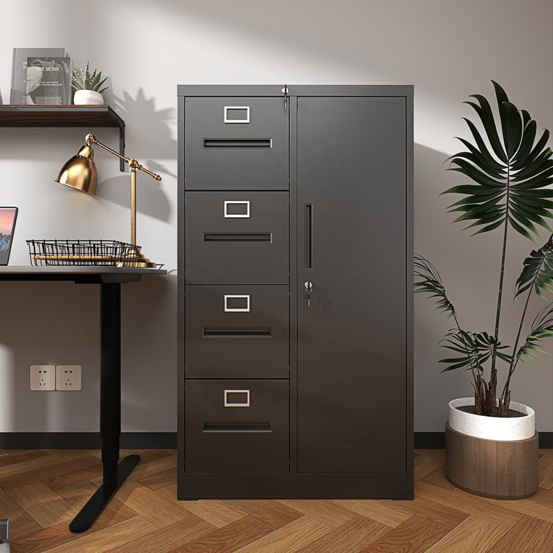Metal Storage Vertical Filing Cabinet With Lock, Steel File Locker With 4 Drawers And 1 Door, Living Room Cabinet, Black