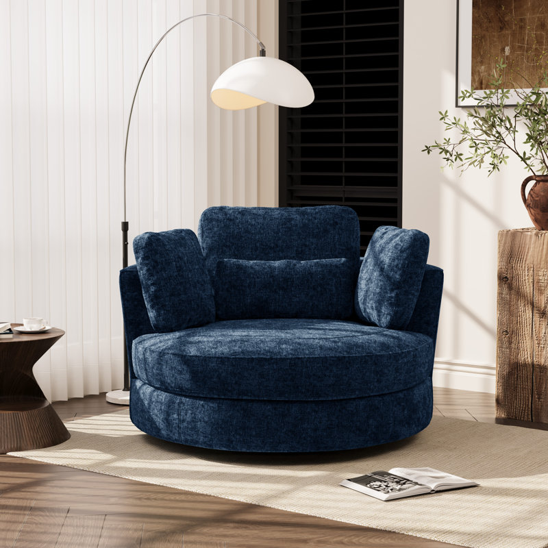 Upholstered Slipcovered Oversized Swivel Barrel Accent Chair, Navy Chenille