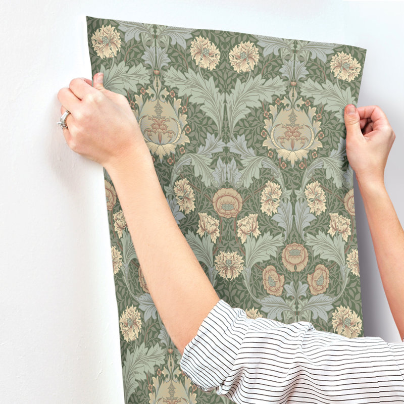 Myrtle Dark Green Floral Ogee Wallpaper, Green/Gray