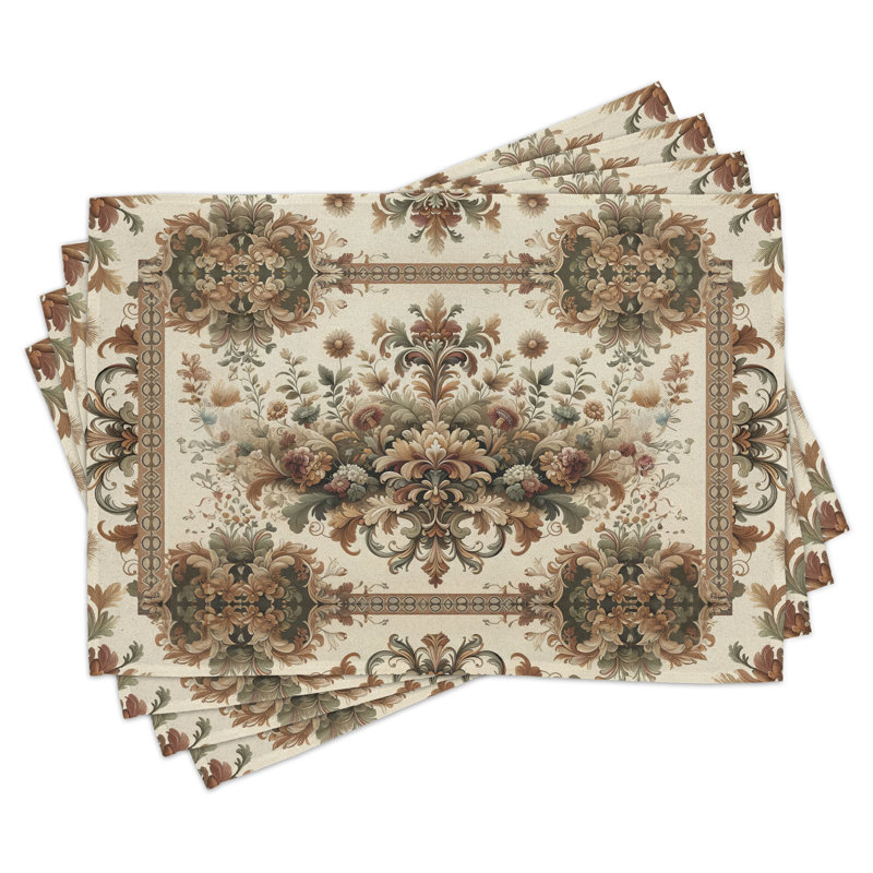 Ethnic Floral Olive Green Sand Brown Table Runner and Placemats Set
