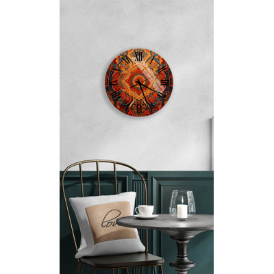 Bohemian Damask Mandala in Red and Blue Tempered Glass Non-Ticking Wall Clock