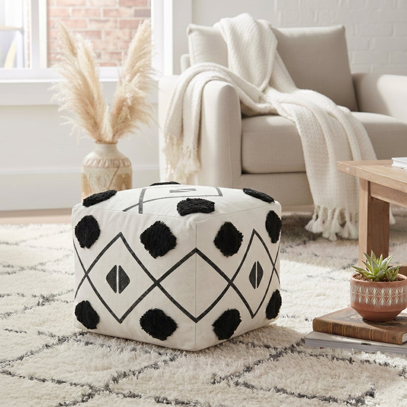 Modern Geometric Handmade Cotton Square Upholstered Ottoman Pouf