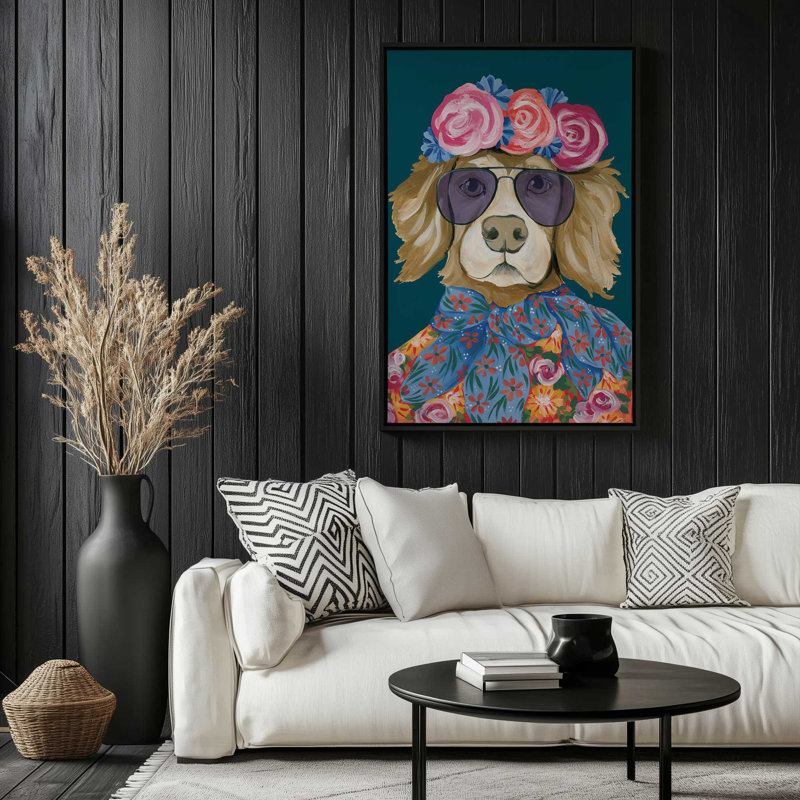 «Glitzy Golden Retriever» par Yvette St. Amant, reproduction d'art, H 16 po x l 12 po, Cadre flottant, Noir