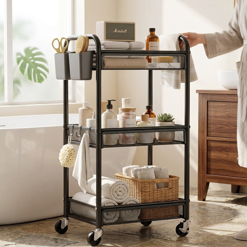 Chariot de rangement à roulettes en métal à 3 niveaux avec tasses suspendues, crochets et panier en filet pour l'art de la cuisine