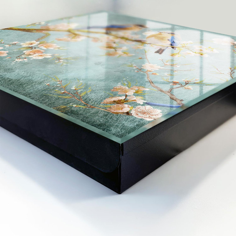 Key box for wall, Opens to the left, 30x30x5, Black, Pastel birds on a branch among flowers, 
