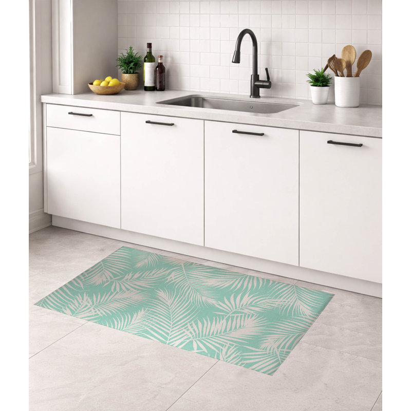 Waving Palms Thin Lightweight Kitchen Mat, Mint, Rectangle 4' x 6'