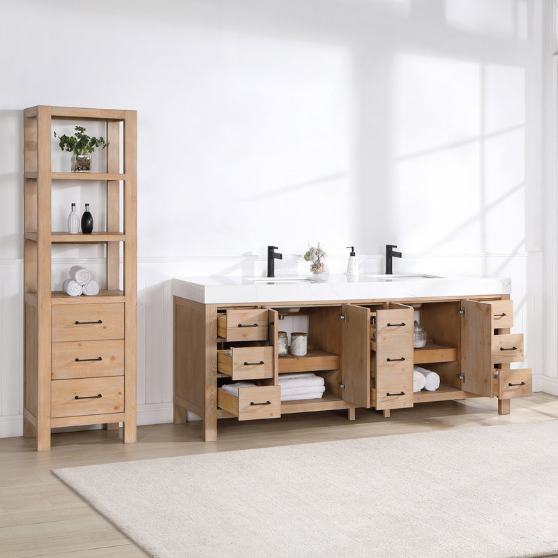 Ensemble de meuble-lavabo double 84 po , Bois de sapin brun, Blanc, Noir mat