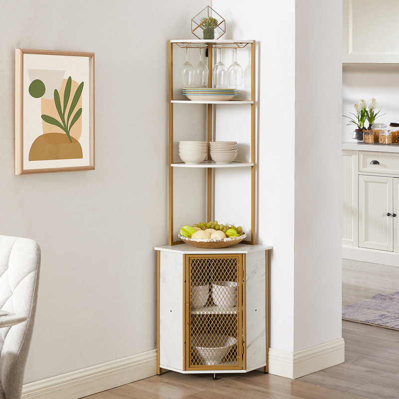 Pittard 22.2'' Wine Bar Triangle 5 Tier Bar Cabinet with Wine Glass Rack and Storage Cabinet, White/Gold