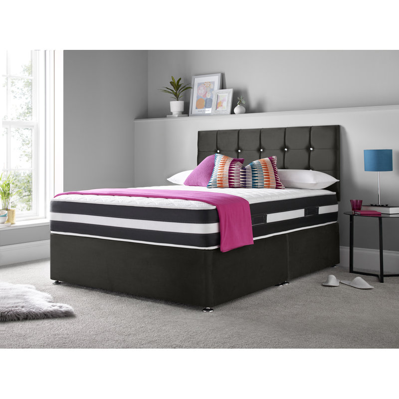 Vibbert Upholstered Bed with Mattress, Black, Kingsize (5'), Left Side Drawers