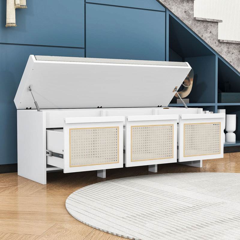 Banc de rangement avec tiroirs en rotin, rangement dissimulé et coussin rembourré, White