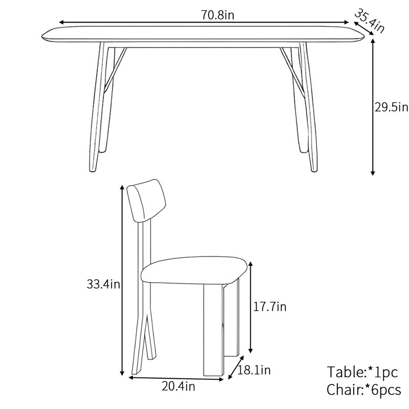 Light luxury retro rectangular dining table set, 29.5"H x 70.8"L x 35.4"W