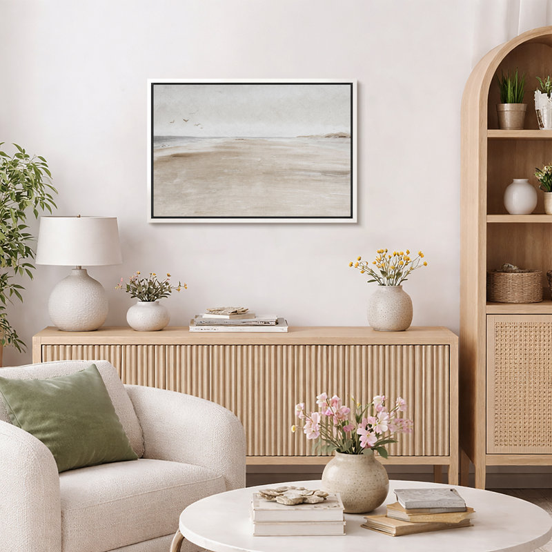 Minimal Landscape "Coastal Sandy Beach Seascape Artwork, Abstract Minimalist Neutral Decor Wall Pictures, Large Framed Canvas Giclee Print Wall Art"