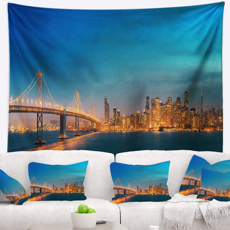 Cityscape de l’horizon san francisco de polyester au tapisserie de nuit avec accessoires suspendus inclus, H 32 po x l 39 po