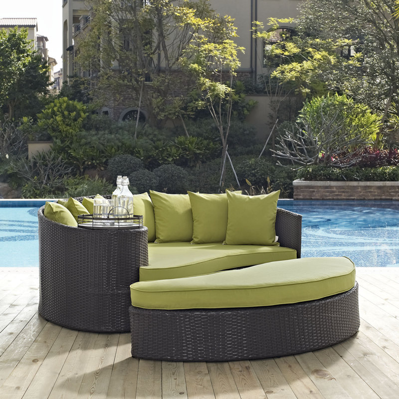 Convene 79" Wide Outdoor Wicker Patio Daybed with Cushions, Espresso/Turquoise