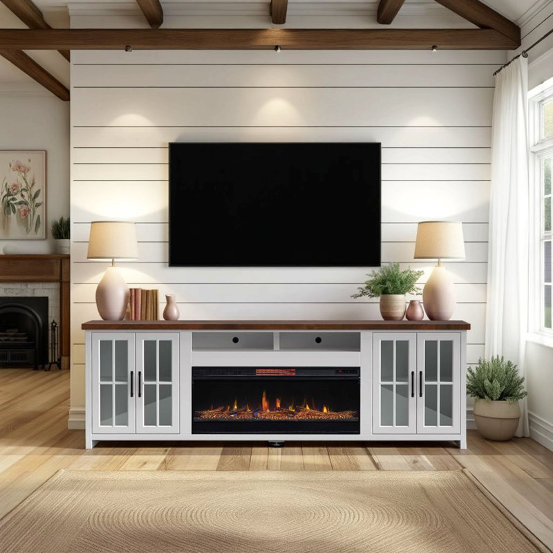 Meuble télé 97 po pour téléviseur de 100 po ou moins, assemblage minimal, fini blanc délavé et bois de grange