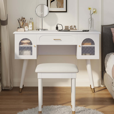 Ensemble de coiffeuse et coiffeuse Elegant Vanity avec organisateur, port de charge et bureau d'écriture à double fonction.