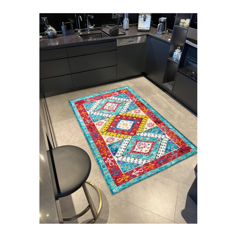 Yellow Geometric Patterned Woven Base Washable Rug, Square 3'3" Rug Pad Included