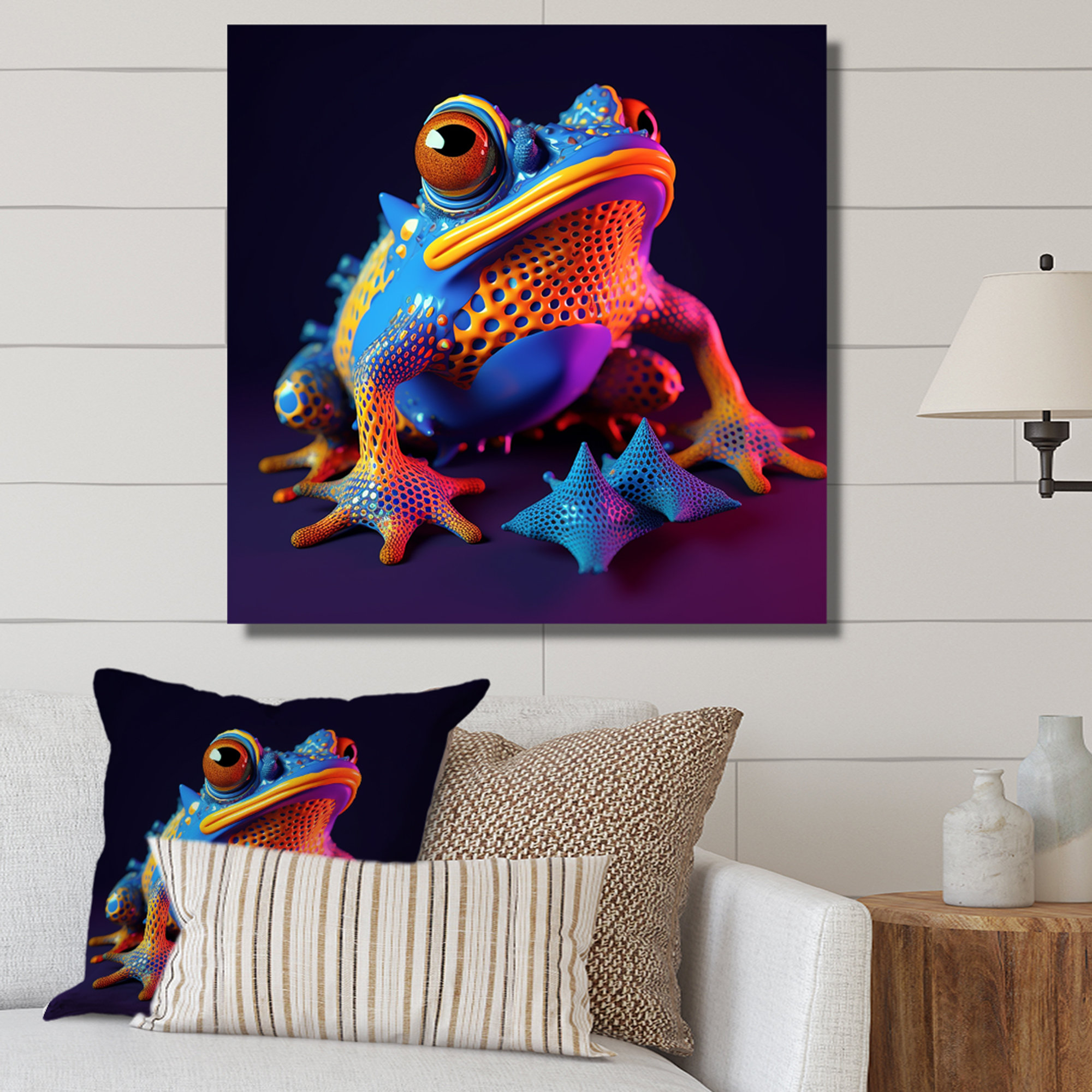 3D Neon Frog I On Canvas Print