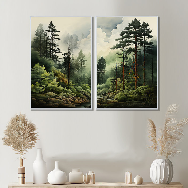 Forêt de pins - décoration murale traditionnelle verte, H 36 po x l 48 po, Reproduction encadrée sans passe-partout, Blanc