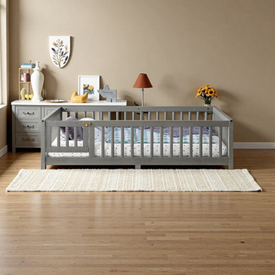 Full Size Kids Floor Bed with Safety Guardrails  Door - Wood Grain Gray, Low Profile Design for Safe  Independent Sleep