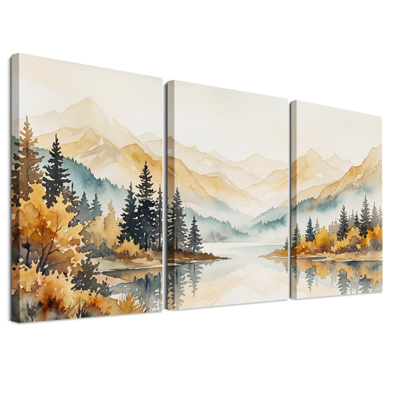 Ensemble de 3 toiles murales représentant un lac de montagne et des pins, à l'aquarelle, 30"H x 20"W x 3pcs