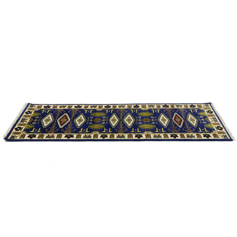 Katzue Geometric Handmade Runner 2'7 x 7'11 Wool Area Rug Navy Blue