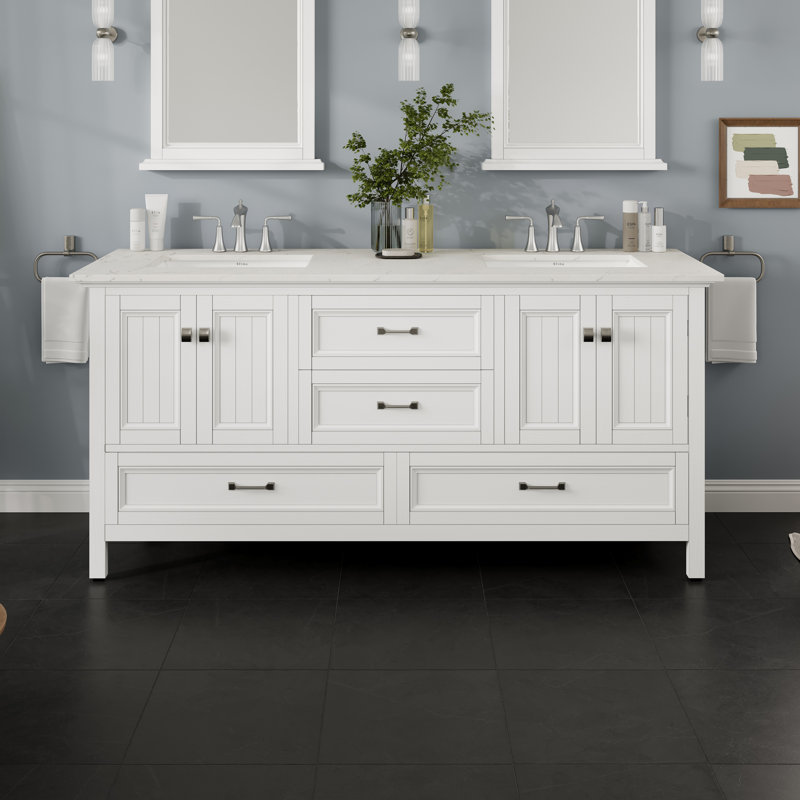 Ensemble de meuble-lavabo double 84 po Didomenico, Blanc, Quartz - blanc de Carrare