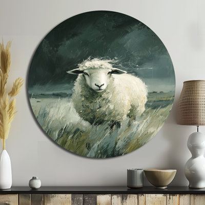 «Stormy Pasture Of Sheep I - Sheep», art mural rond en métal blanc moderne