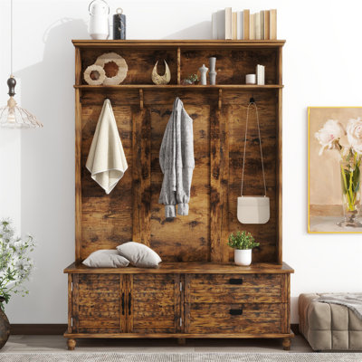 Arbre d'entrée de style moderne avec armoire de rangement et 2 grands tiroirs, banc de vestibule avec 5 crochets