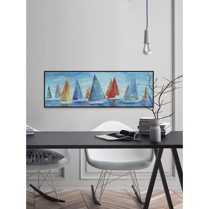 «Colorful Sails» - Peinture panoramique sur toile à cadre flottant, H 20 po x l 60 po
