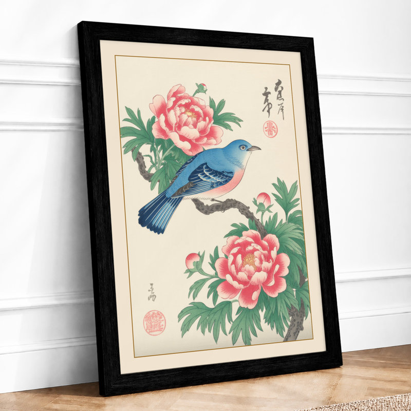 Blue Bird Among Peonies Japandi - Print, Black, A3 - 42.0 x 29.7 cm
