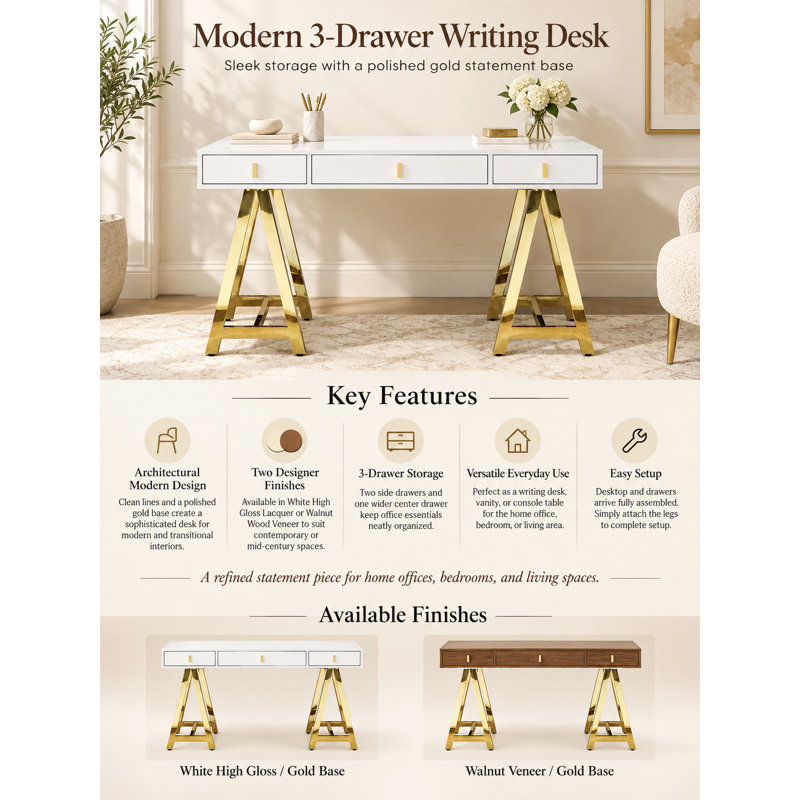 Pangea Home Griley Modern Seesaw Writing Desk with Gold Base – Walnut Brown Desk , Walnut
