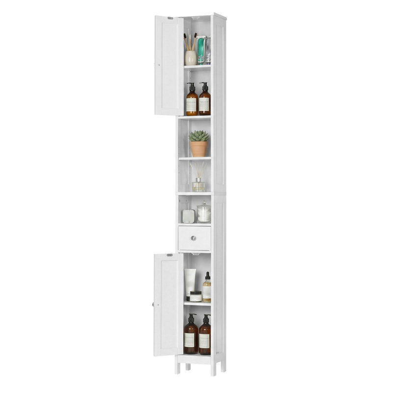 77" H Bathroom Narrow Tall Storage Cabinet with 2 Doors, 1 Drawer，4 open shelf, White