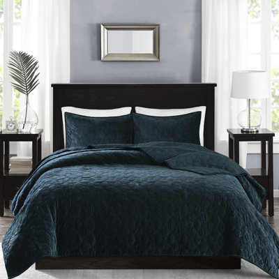 Courtepointe 3 pièces en velours bleu sarcelle, taille double / grand - matelassé géométrique pour le style, rembourrage en coton confortable, comprend 1 et 2 taies décoratives, bleu sarcelle lavable à la machine doux et élégant avec design, durable et facile à