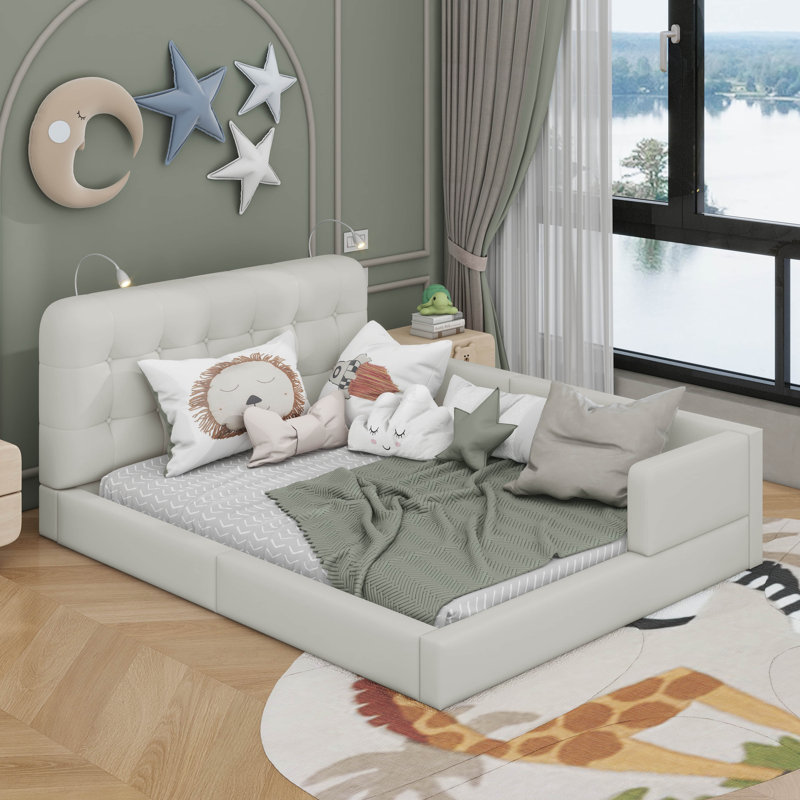 Grand lit plateforme tapissier avec 2 lampes de lecture, Blanc