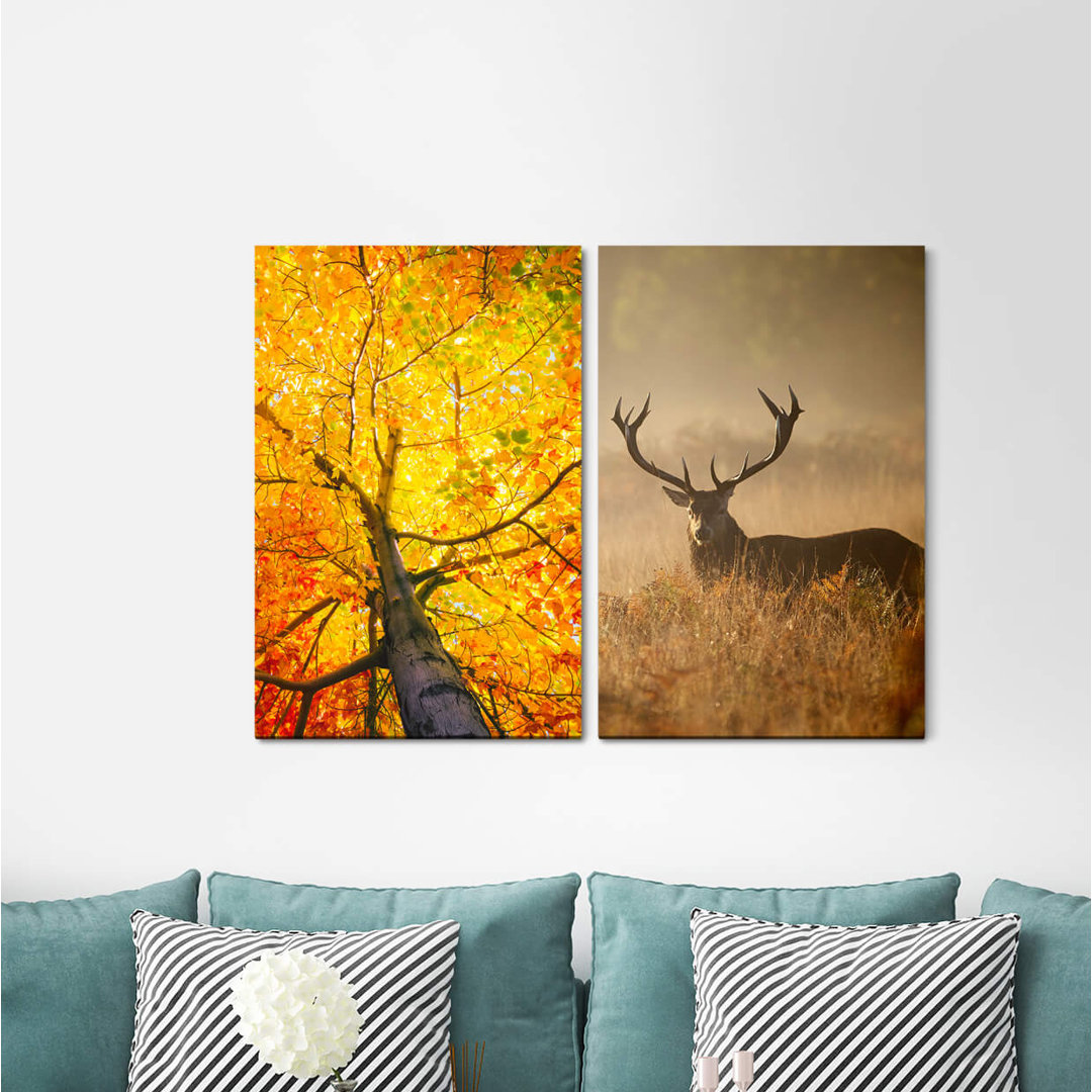 2-tlg. Leinwandbilder-Set - Fotografie „Tree Crown Autumn Deer Deer Antlers Forest Relaxing Peaceful”