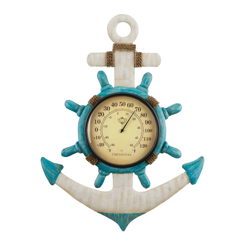 Magness Metal and Acrylic Outdoor Thermometer Wall Decor with Nautical and Coastal Inspired Designs, Anchor