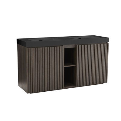 Galan60f" Smoked Oak Modern Freestanding Bathroom Vanity With One-piece Black Ceramic Sink, Large Storage Cabinet For Bathroom, No Drain No Faucet Included