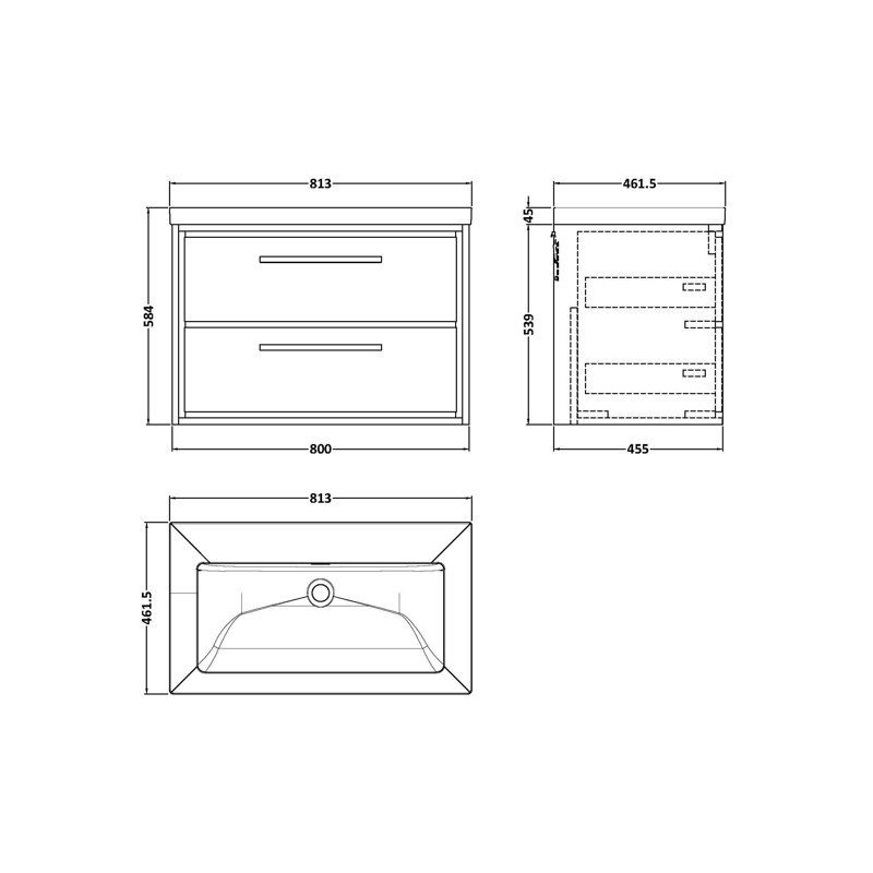 Hudson Reed Lille 600mm Antique Oak 2 Drawer  Wall Hung Vanity Unit With Fireclay Basin, Graphite Grey Woodgrain, 81.3cm W