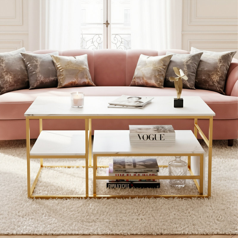 105Cm Modular Coffee Table Set (Set Of 2), Nesting C-Table With Multi-Level Shelves, Wood Grain, Gold & Black, Gold